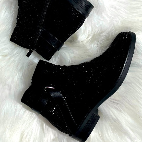 Italina Black Metallic Glitter Rhinestone Low Heel Comfy Slip-On Ankle Booties - Picture 6 of 6